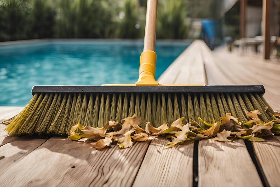 balai qui nettoie des feuilles sur une terrasse mobile de piscine